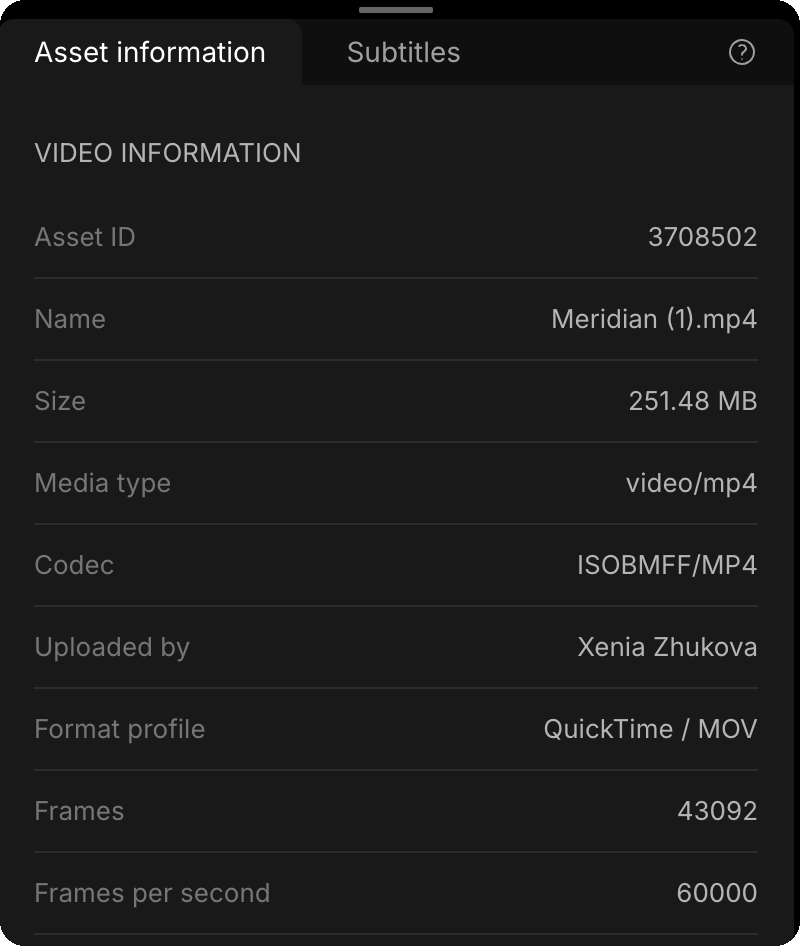 The Asset information panel showing video specs such as Asset ID, name, size, and codec