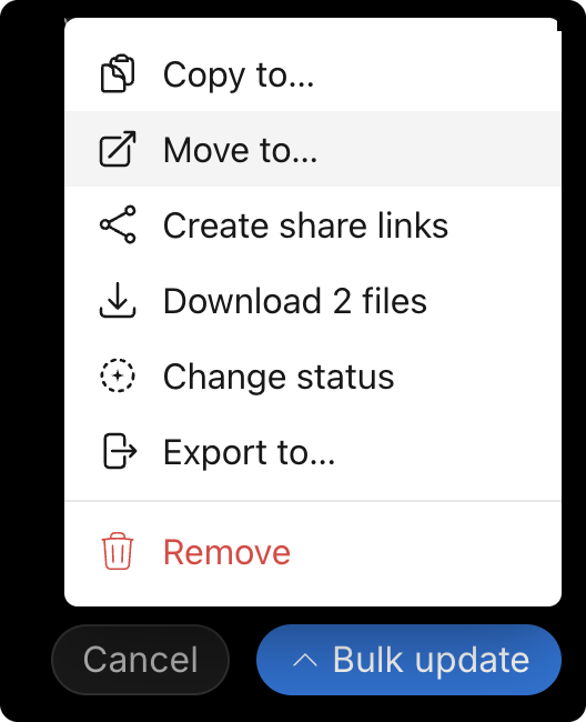 The Bulk update menu with actions for the selected items