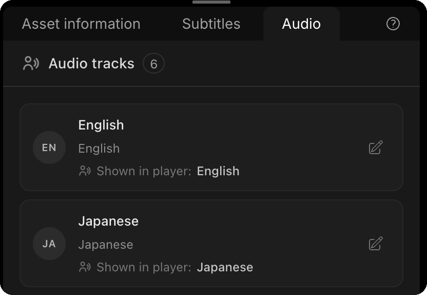 The Audio tab listing attached tracks with their names, languages, and player labels