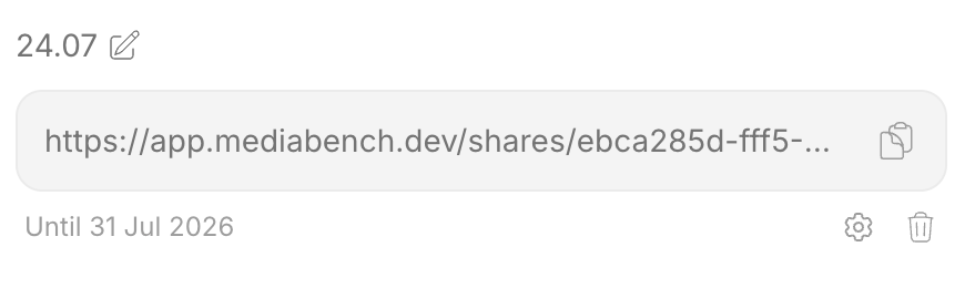 A share link card with copy, settings, and delete controls