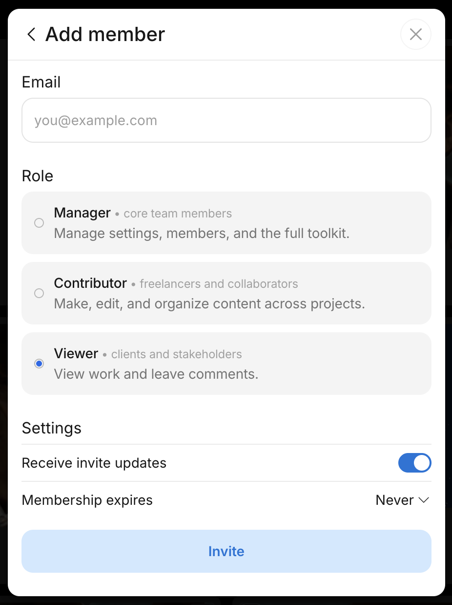 Add member dialog with email, role, and settings fields