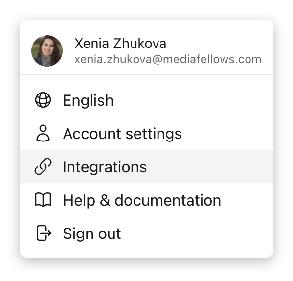 Selecting Integrations from the profile menu
