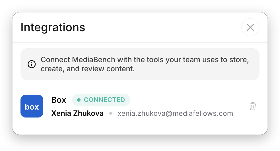 Box connected in the Integrations dialog