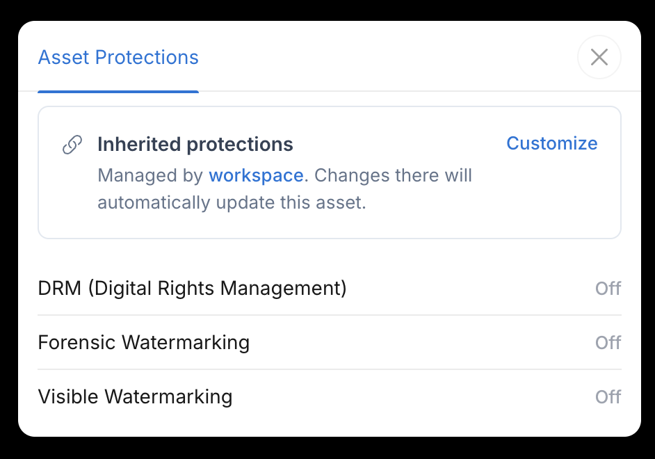 The Asset Protections dialog showing inherited protections and the three protection types