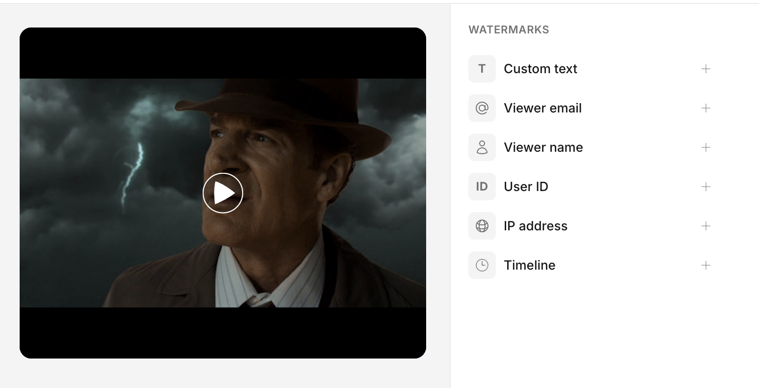 The watermark editor with the video preview on the left and the Watermarks panel listing element types on the right