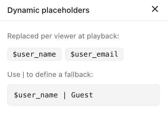 The Dynamic placeholders popover showing the user name and user email placeholders and the fallback syntax