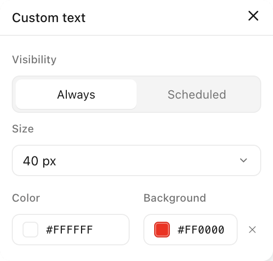 The Custom text element settings with Visibility, Size, Color, and Background options
