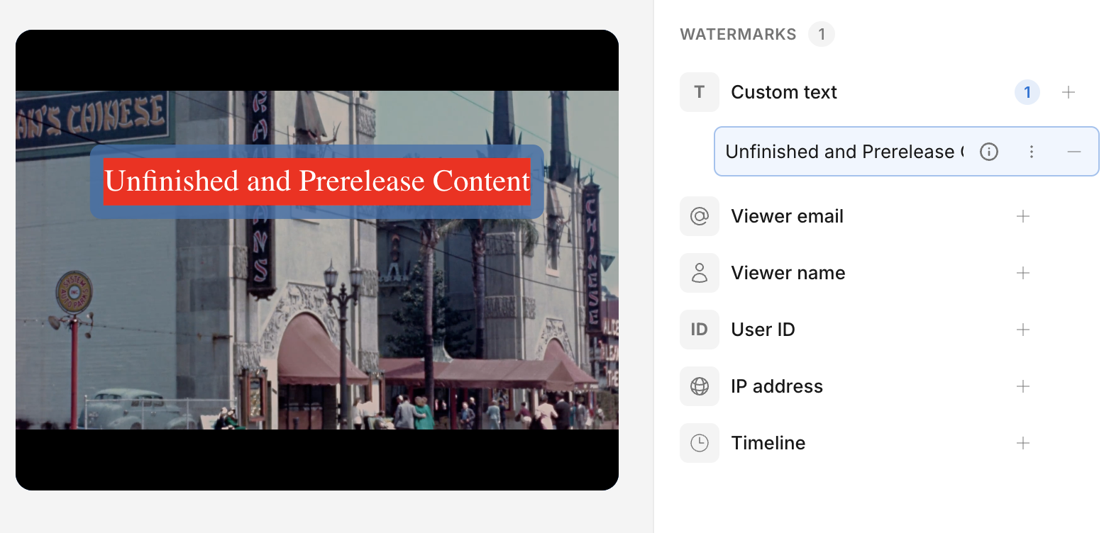 A custom text watermark reading Unfinished and Prerelease Content shown over a video frame in the preview