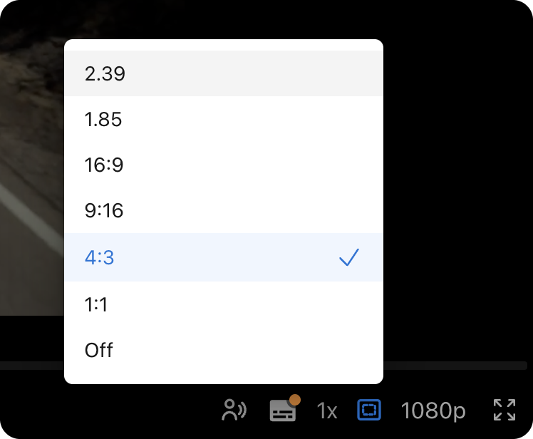 The Guides menu in the player control bar, with 4:3 selected
