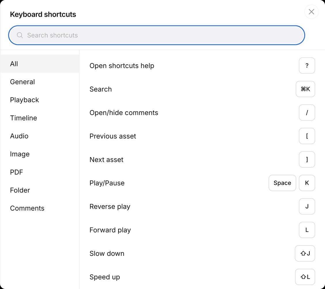The Keyboard shortcuts window, with Search shortcuts, a category rail, and the key list