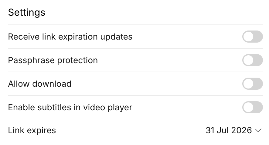 The Settings section of a share link