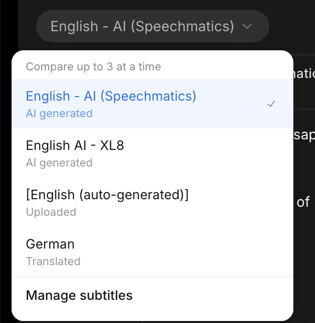 Track menu, Compare up to 3 at a time, with English - AI (Speechmatics) selected