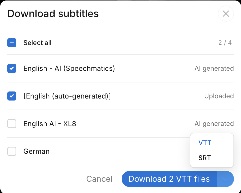 Download subtitles dialog with two tracks selected and a choice of VTT or SRT