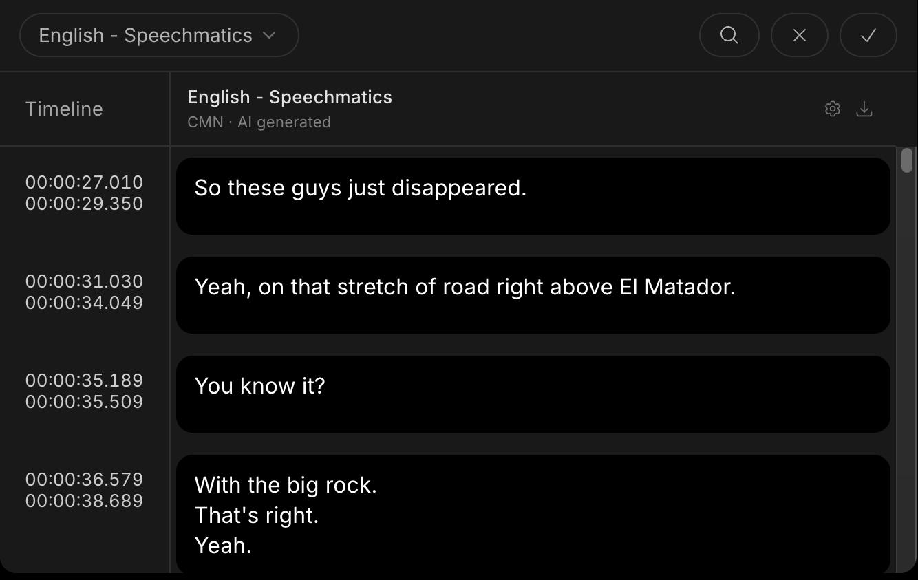 English - Speechmatics lines open for editing, with Cancel and Save