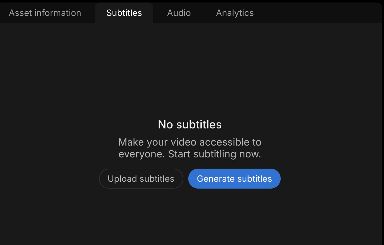 Subtitles tab with no subtitles, and the Upload subtitles and Generate subtitles buttons