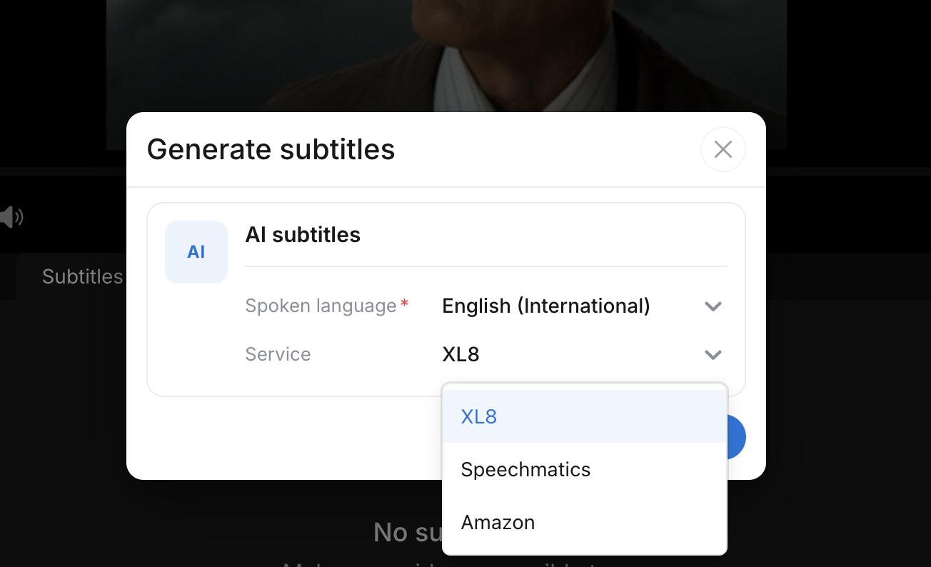 Generate subtitles dialog, with Spoken language set to English (International) and the Service menu open on XL8