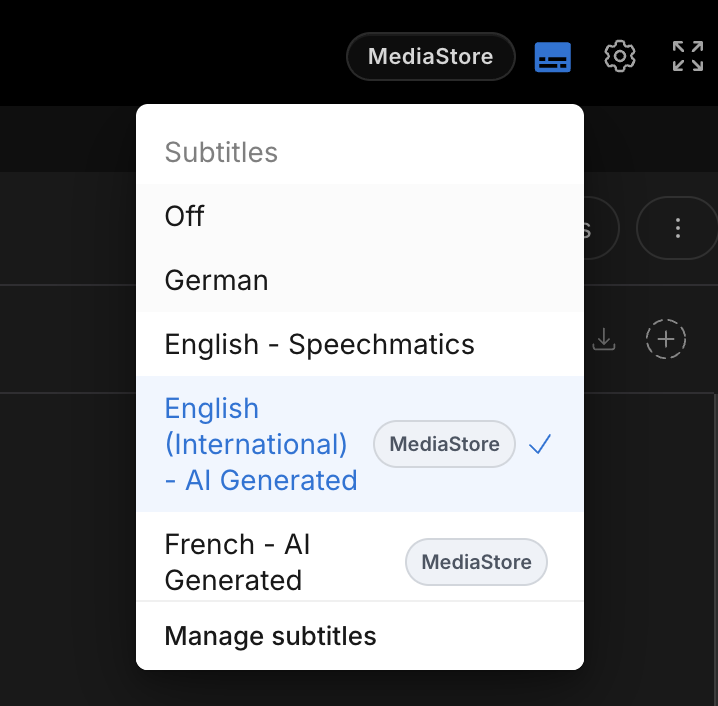 Player Subtitles menu with a MediaStore bubble on English and French