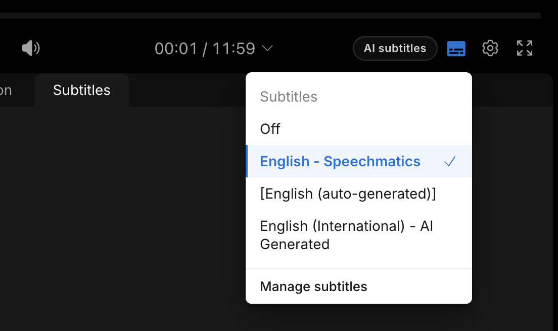Player Subtitles menu, with Off, several English tracks, and Manage subtitles