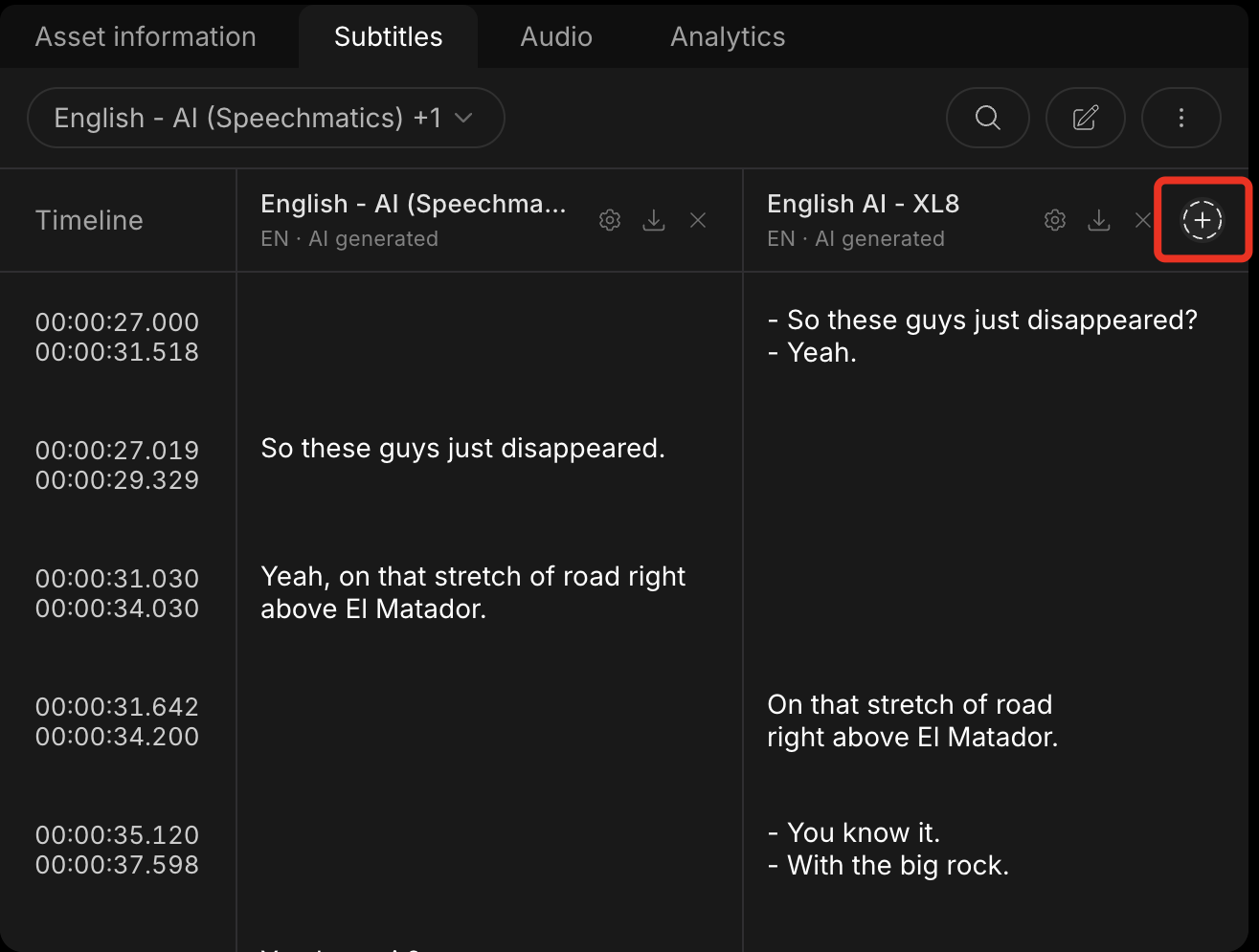 Two English subtitle tracks side by side, Speechmatics and XL8, with Add outlined on the last column
