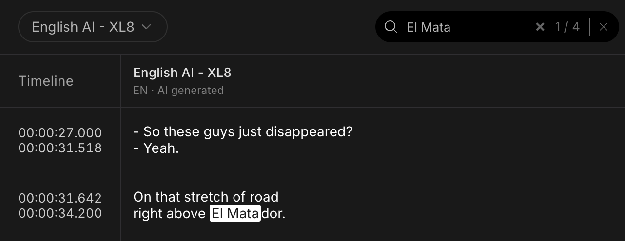 Search for El Mata, showing match 1 of 4 highlighted in a line