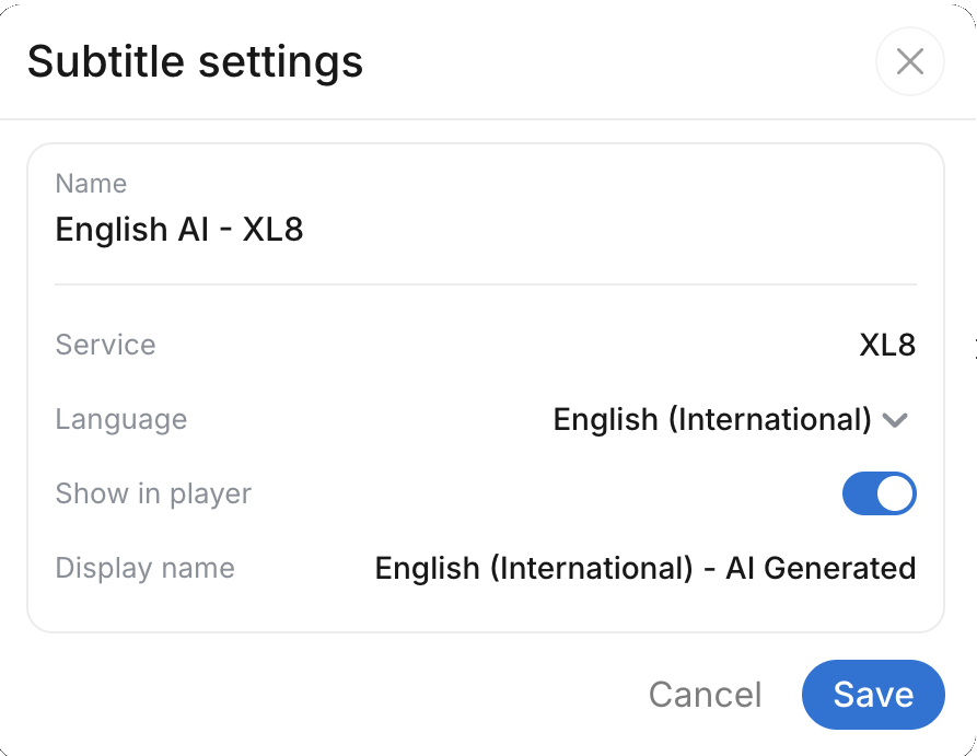 Subtitle settings for English AI - XL8, with Language, Show in player, and Display name