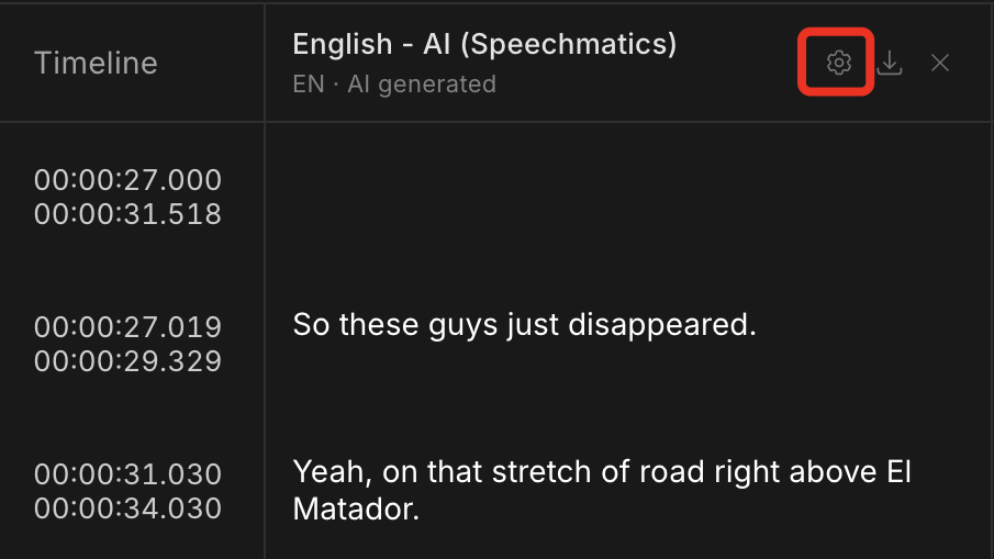 Subtitle settings gear on the English - AI (Speechmatics) column