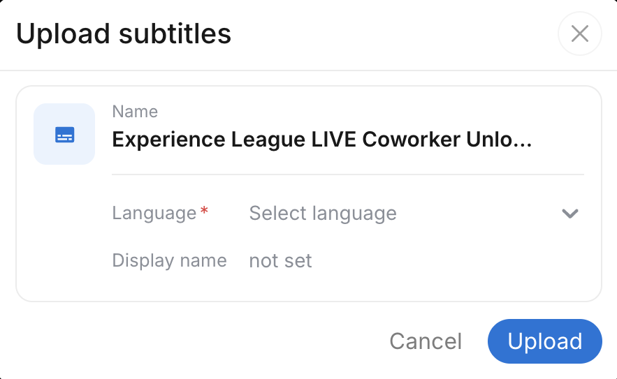 Upload subtitles dialog, with Language on Select language and Display name not set
