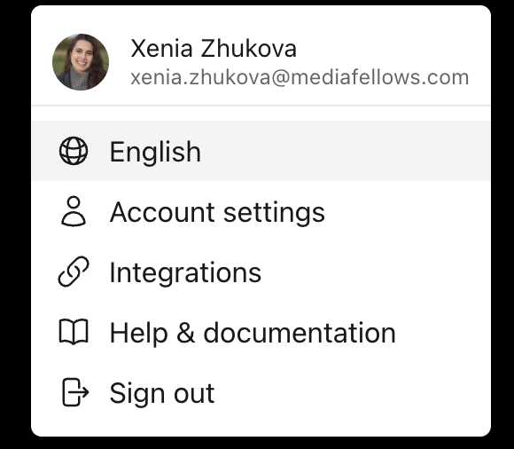 The account menu with the current language shown at the top