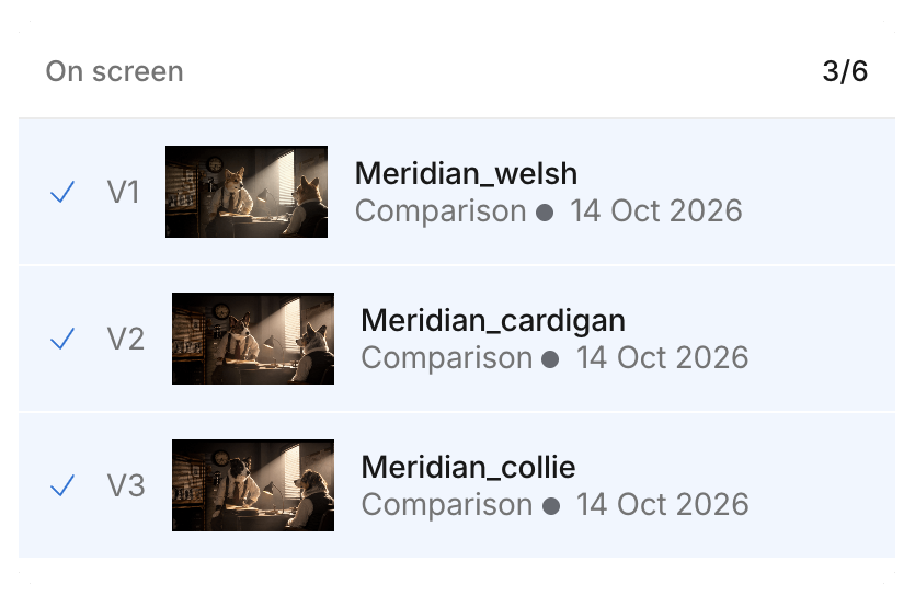The On screen menu with V1, V2, and V3 checked, and a count of 3/6