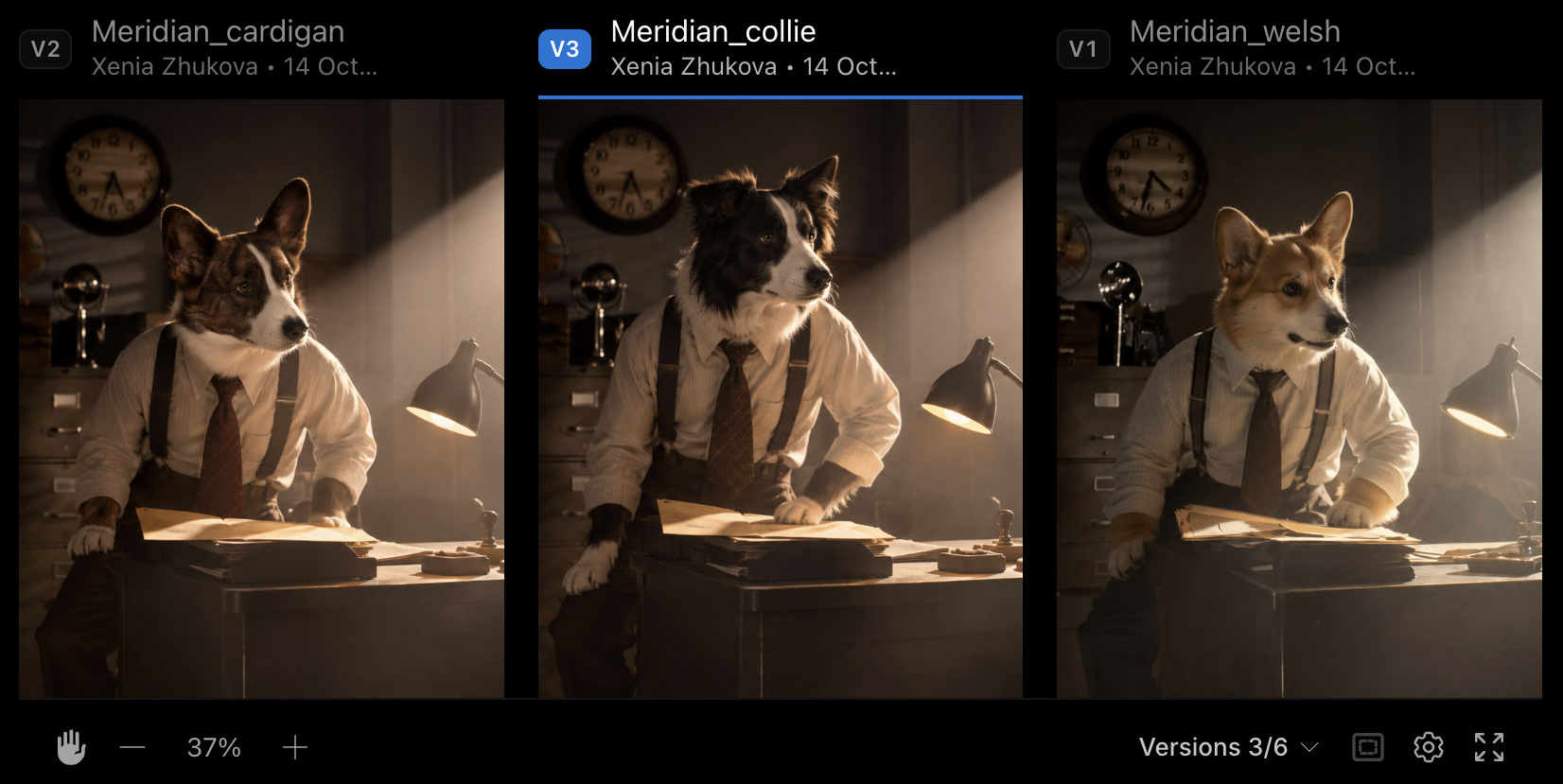 Three still versions side by side, with V3 active, the hand tool, 37% zoom, and Versions 3/6