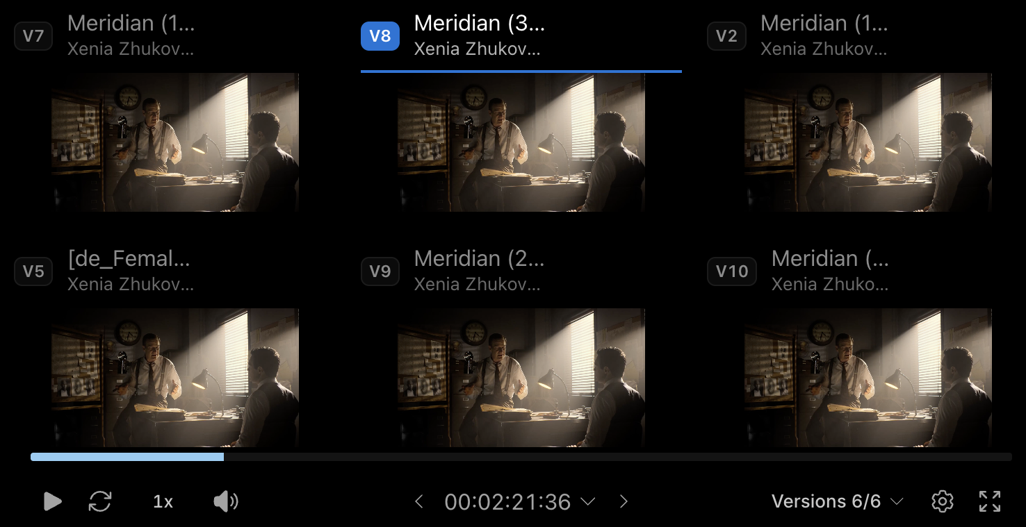 Six video versions in a grid, with V8 active and one shared playback bar showing Versions 6/6
